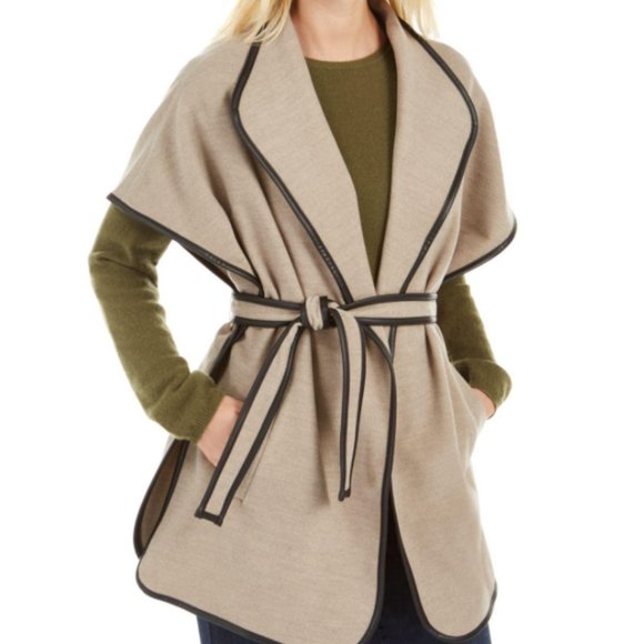 Calvin Klein Sweaters - Calvin Klein Belted Faux Leather Trim Cape Wrap